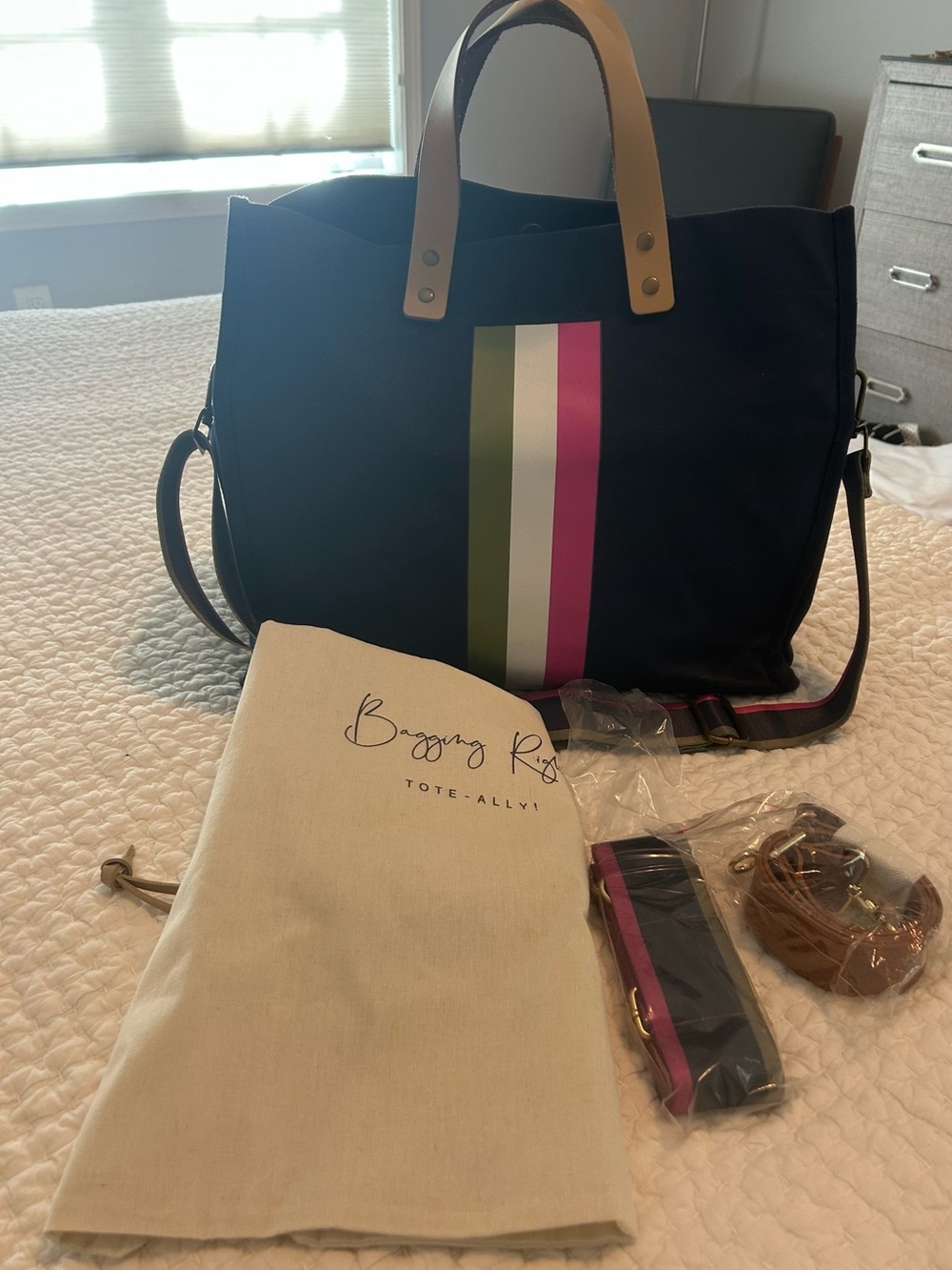 Bagging Rights -Navy Canvas Tote with Pink & Olive Center Stripe and Tan Handles - Picture 3 of 5